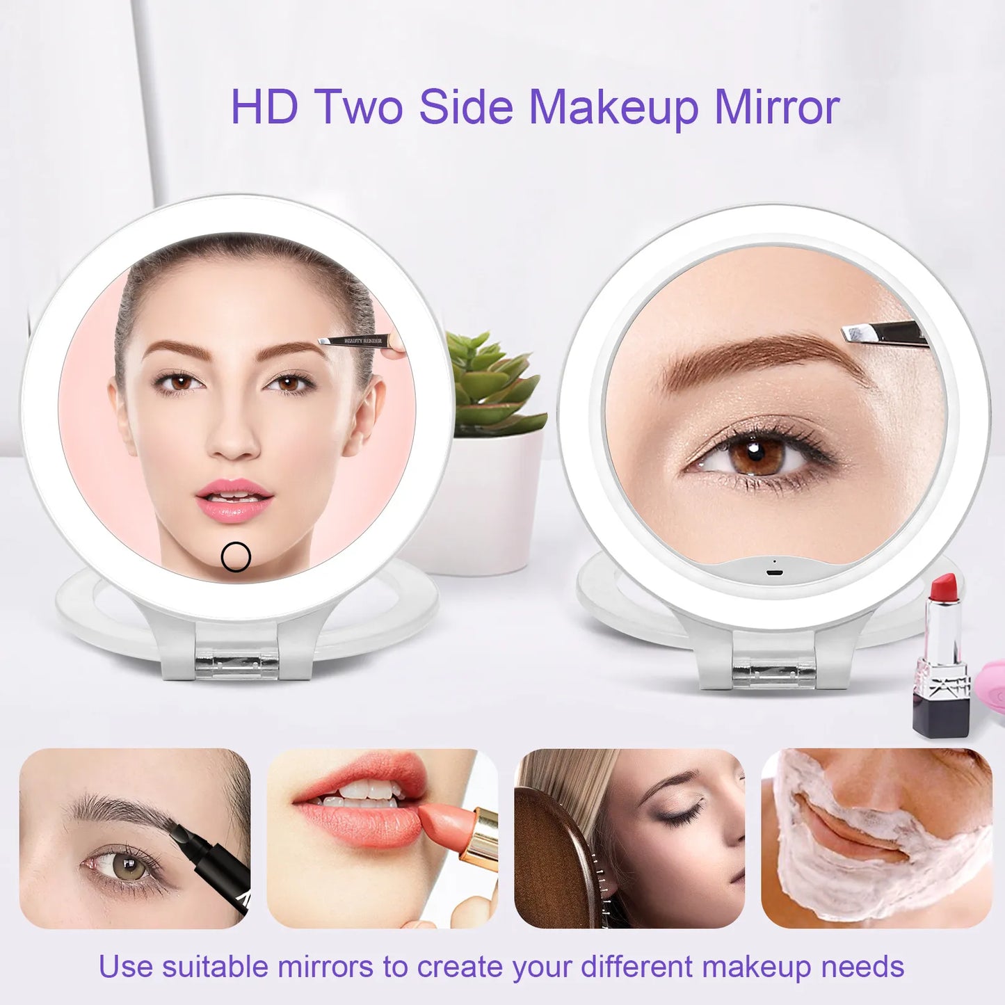Funtouch HD double-sided makeup mirror showing 1x/10x magnification, suitable for makeup, skincare, and shaving.