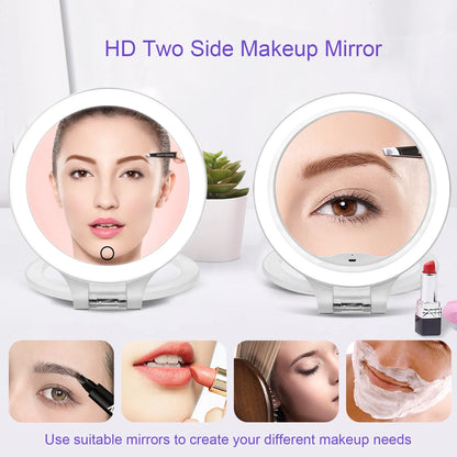 Funtouch HD double-sided makeup mirror showing 1x/10x magnification, suitable for makeup, skincare, and shaving.