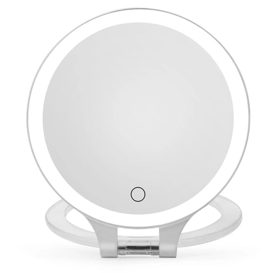 Funtouch white portable foldable LED makeup mirror, double-sided 1x/10x magnification compact vanity mirror for travel.