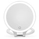Funtouch white portable foldable LED makeup mirror, double-sided 1x/10x magnification compact vanity mirror for travel.