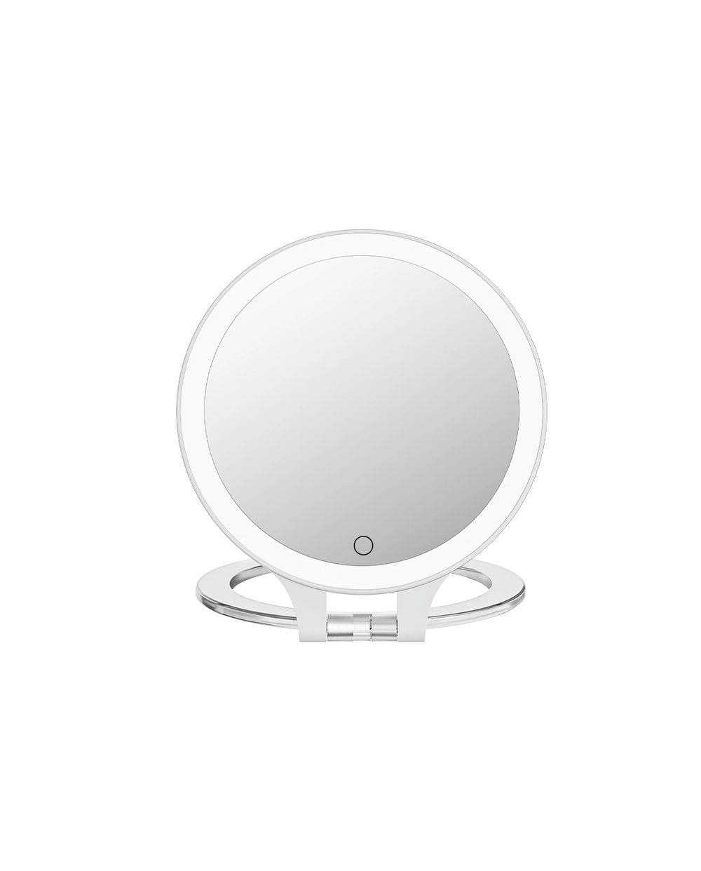 Funtouch compact makeup mirror with 10x magnification LED light, showing close-up view for eyeliner, eyebrows, and lip makeup.