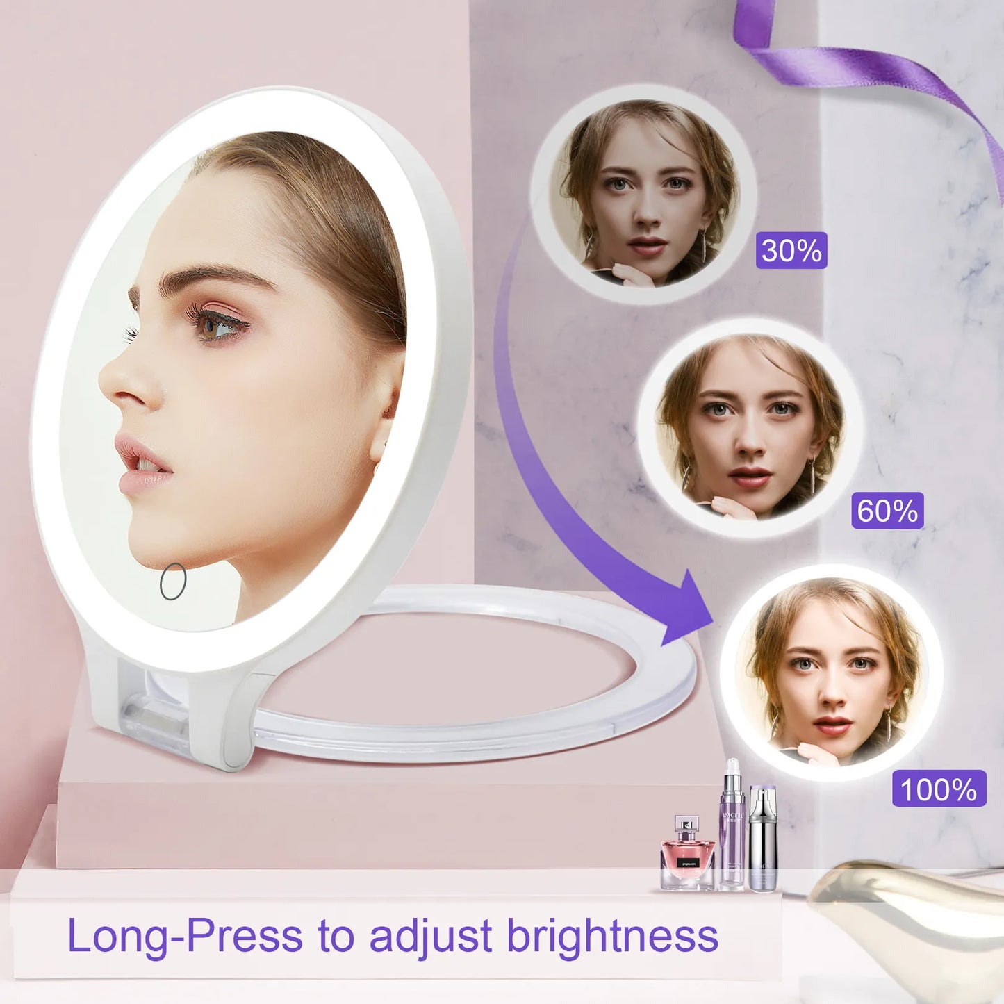 Funtouch compact mirror showing adjustable brightness levels (30%, 60%, 100%) via long press touch control.