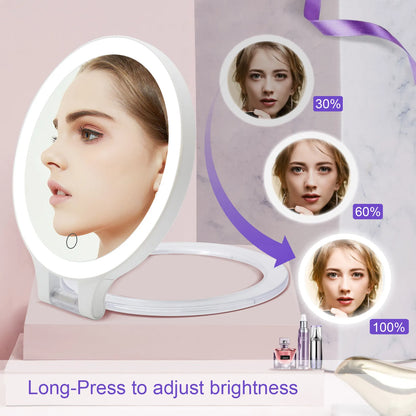 Funtouch compact mirror showing adjustable brightness levels (30%, 60%, 100%) via long press touch control.