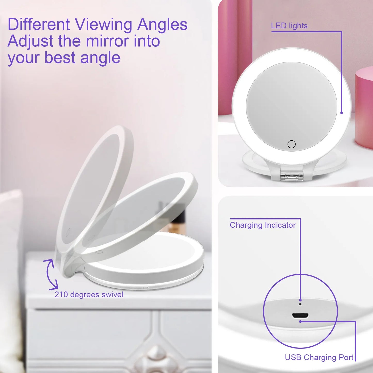 Funtouch foldable makeup mirror with 270-degree adjustable angles and Type-C charging port, showing different viewing positions.