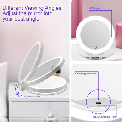 Funtouch foldable makeup mirror with 270-degree adjustable angles and Type-C charging port, showing different viewing positions.