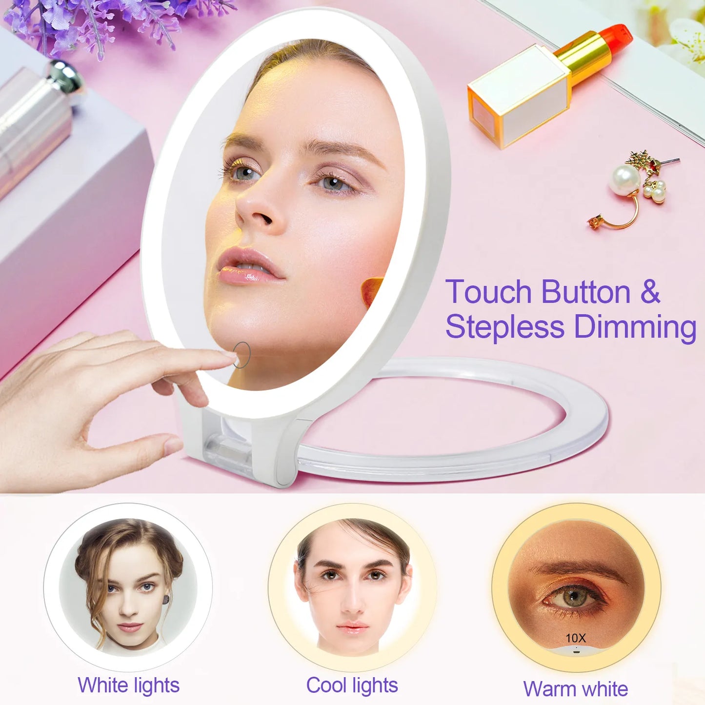 Funtouch travel makeup mirror with 3 color LED lights (white, cool, warm white) and touch control stepless dimming.