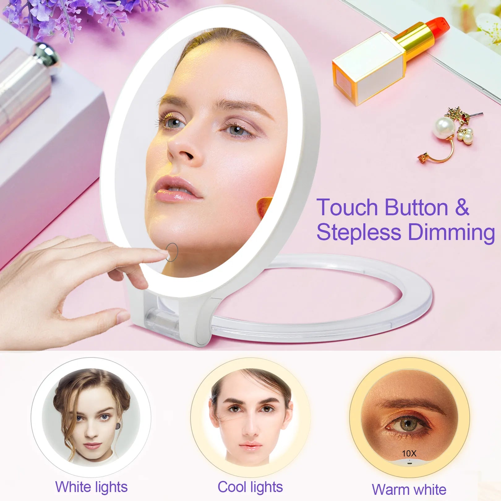 Funtouch travel makeup mirror with 3 color LED lights (white, cool, warm white) and touch control stepless dimming.