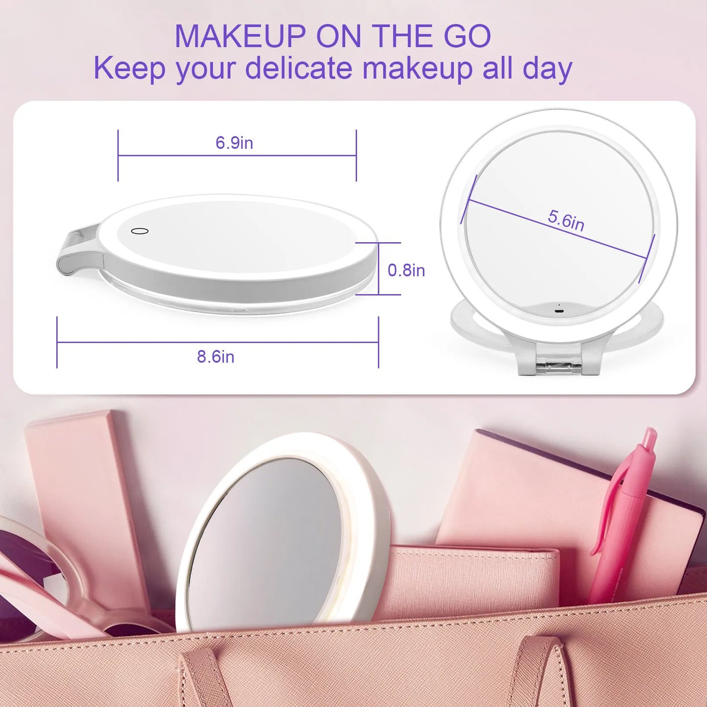Funtouch foldable makeup mirror with 270-degree adjustable angles and Type-C charging port, showing different viewing positions.