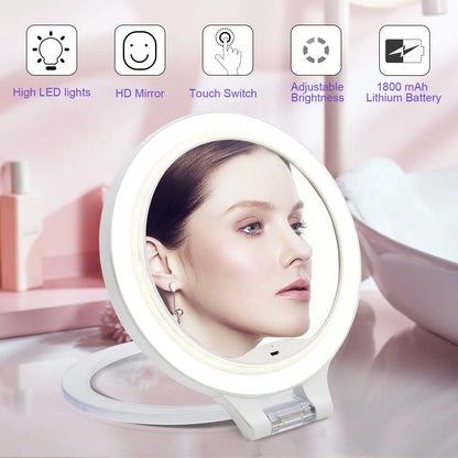 Funtouch white LED travel mirror with key features (HD mirror, touch switch, adjustable brightness, rechargeable battery) shown with user using it.