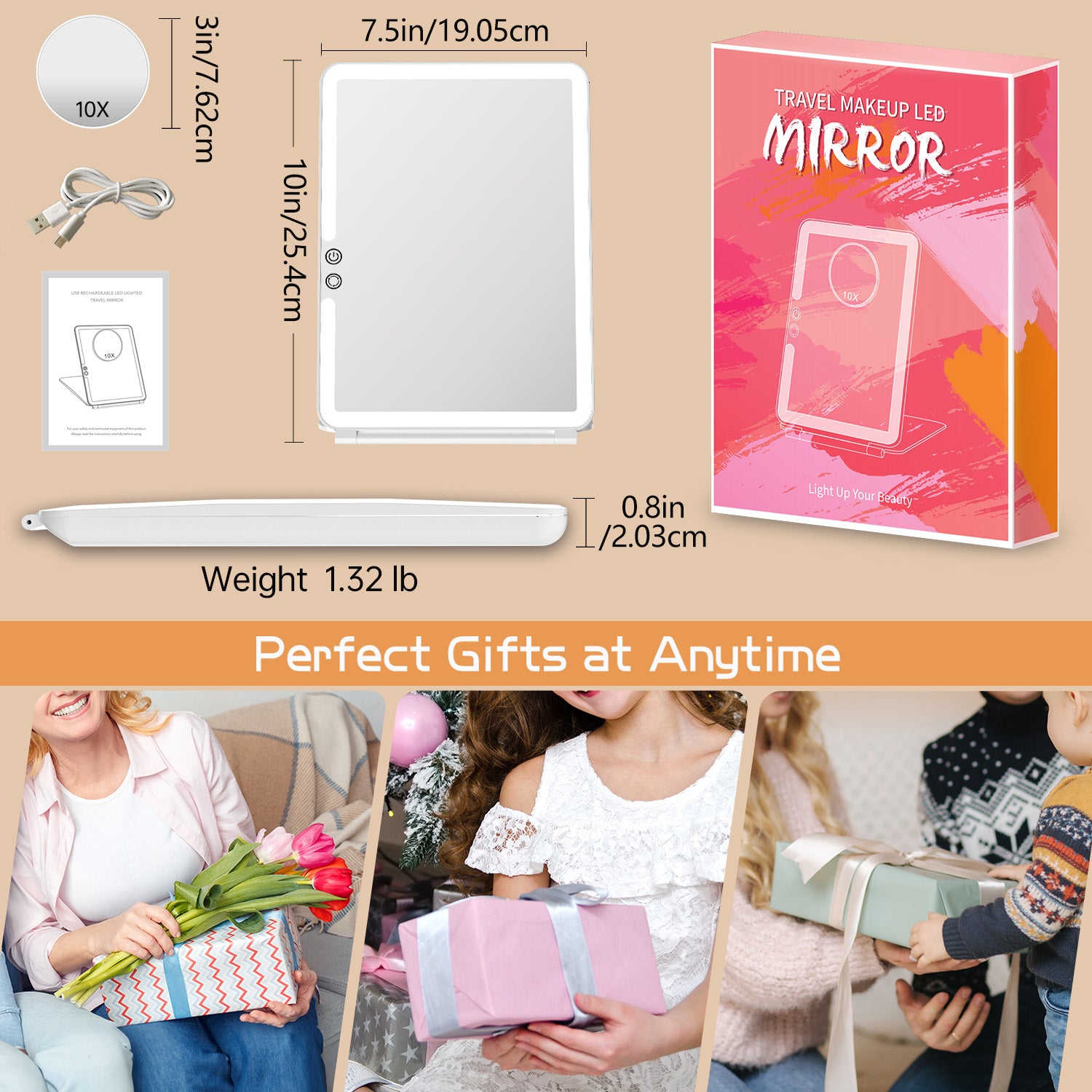 Funtouch folding led makeup mirror gift box packaging ideal present for birthday holiday gift