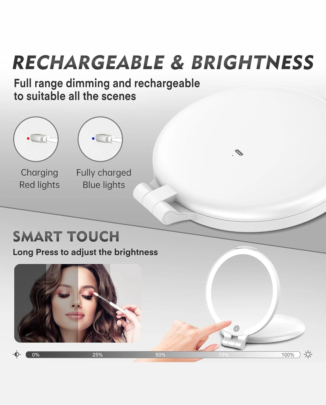 FUNTOUCH rechargeable LED makeup mirror with smart touch dimming and charging indicators