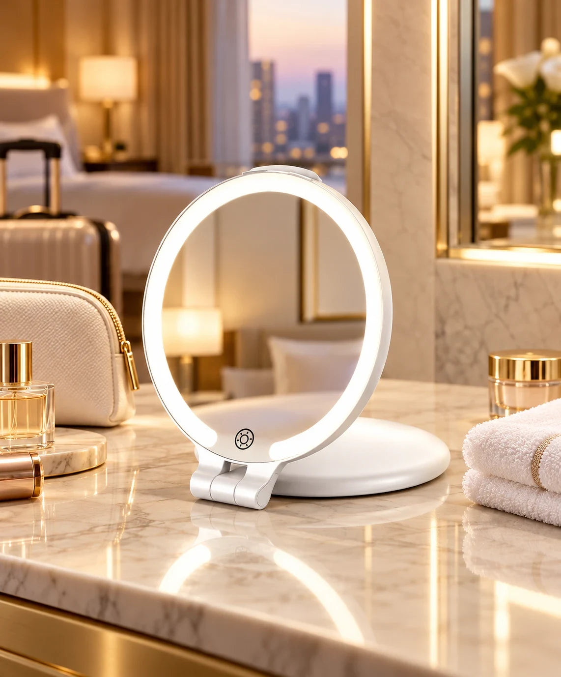 FUNTOUCH white rechargeable LED travel makeup mirror with foldable stand and illuminated ring on a marble hotel vanity beside a travel makeup bag.
