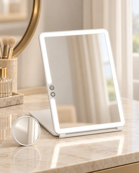 White rectangular folding LED makeup mirror with two side touch controls and a separate round magnifier.