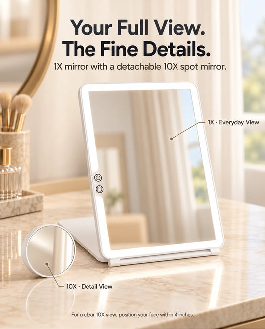 FUNTOUCH RM161 lighted 1X mirror with a separate detachable 10X magnifying mirror beside its folding base.