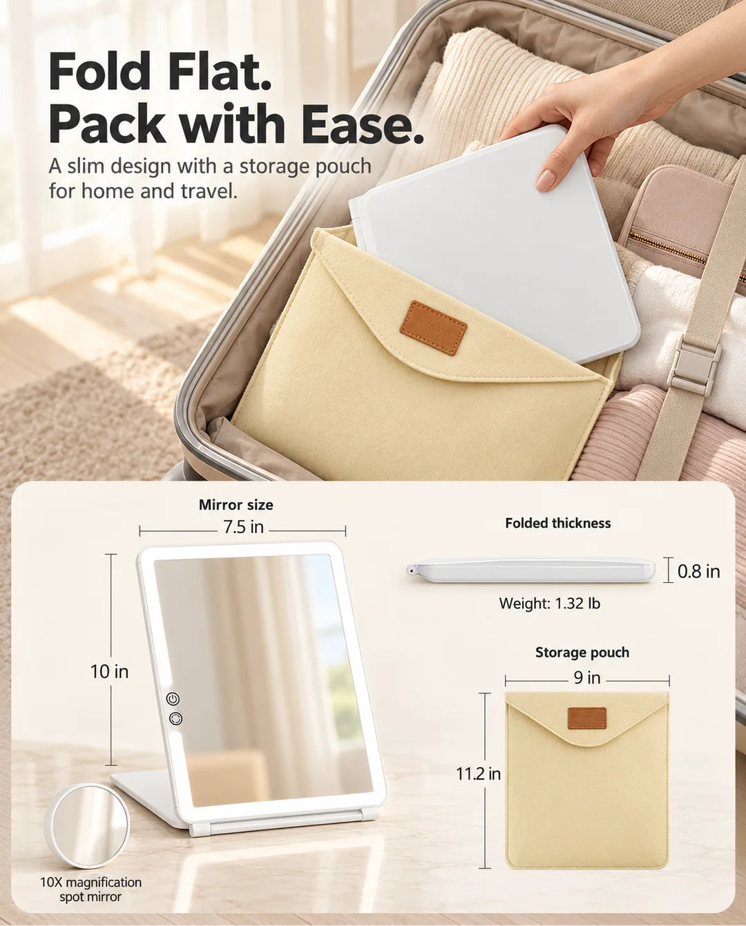 FUNTOUCH RM161 folding mirror being packed into its storage pouch, with mirror dimensions and folded thickness shown below.
