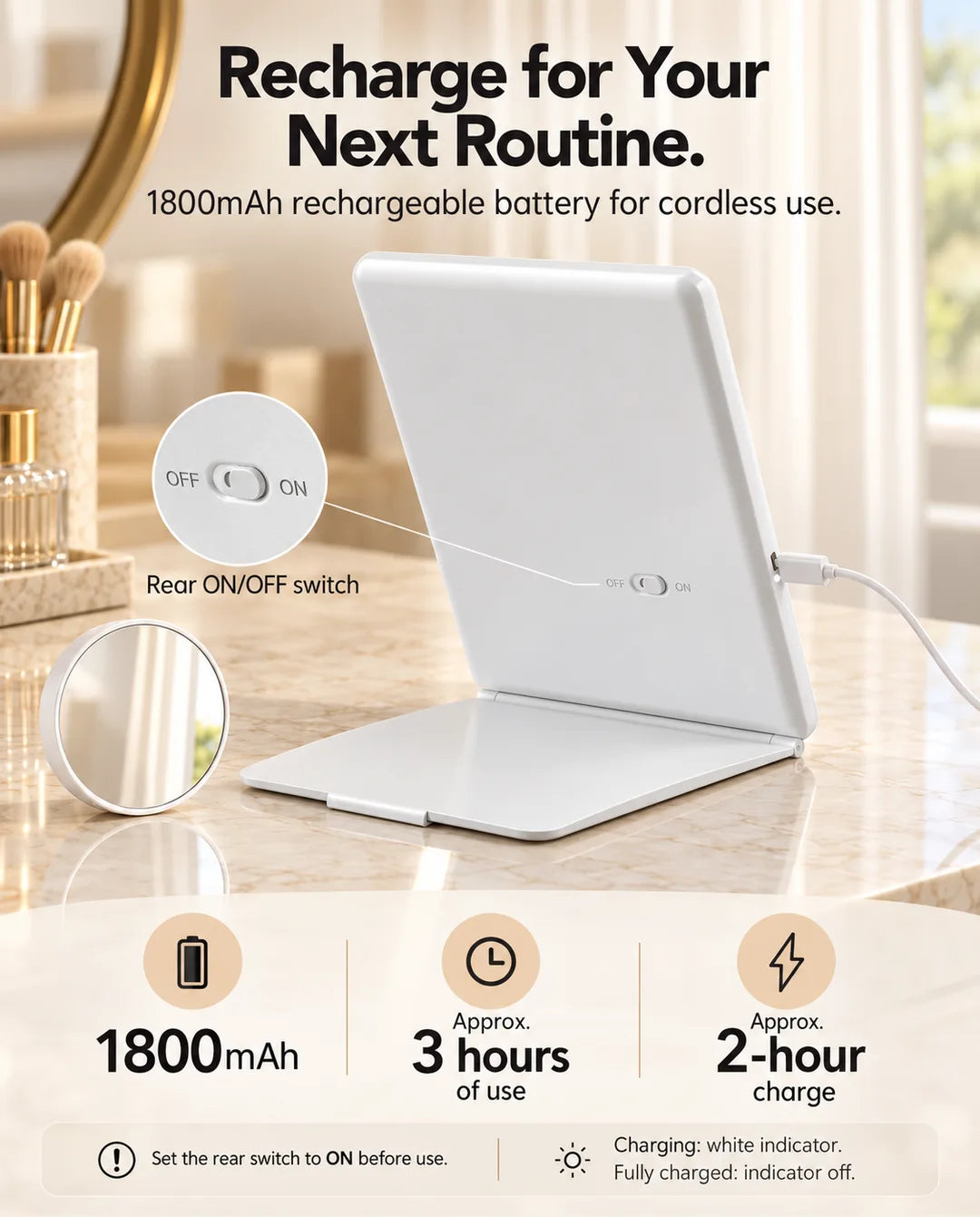 Rear view of the FUNTOUCH RM161 showing its power switch and USB charging connection, with 1800mAh battery details.