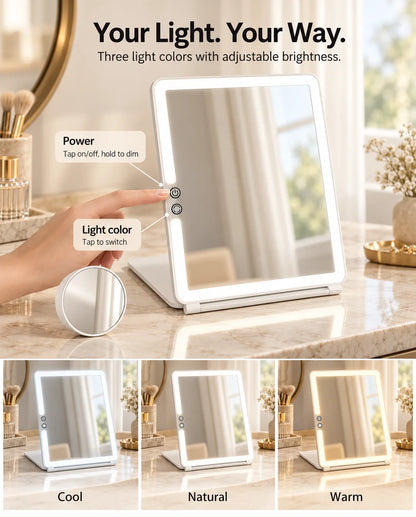 FUNTOUCH RM161 folding makeup mirror showing touch controls and cool, natural and warm lighting modes.
