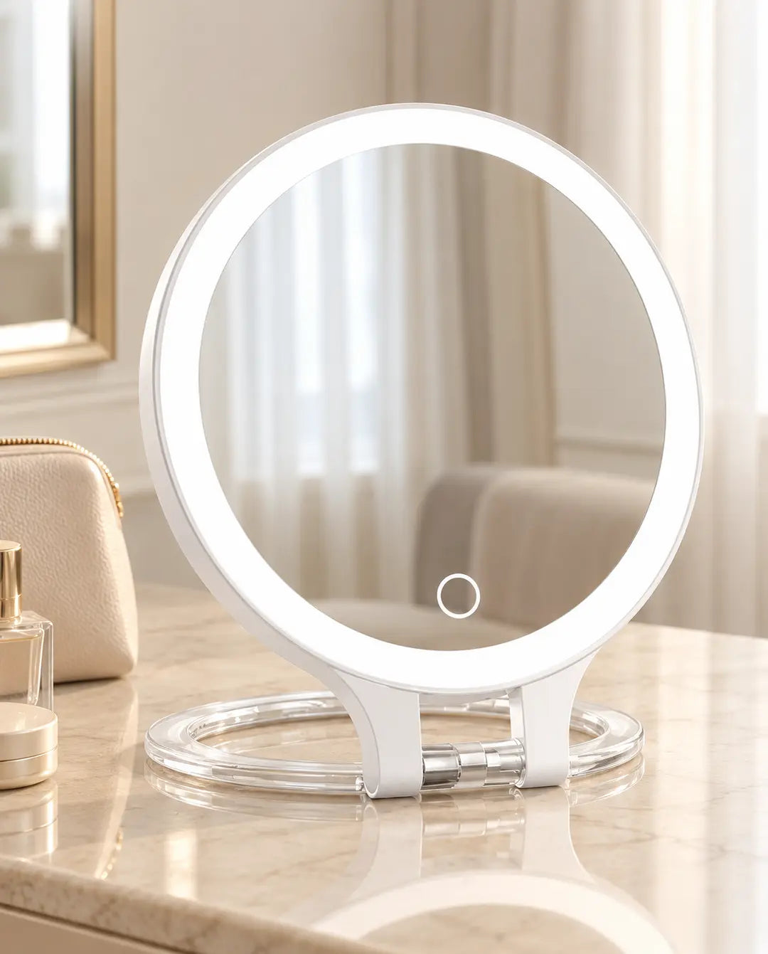 White round folding LED travel mirror with a transparent ring base on an ivory hotel vanity.