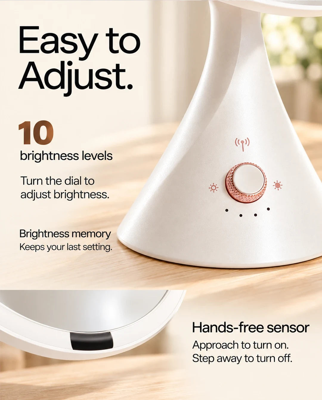 Close-up of the FUNTOUCH RM321 brightness dial with 10 brightness levels and the sensor below the mirror.