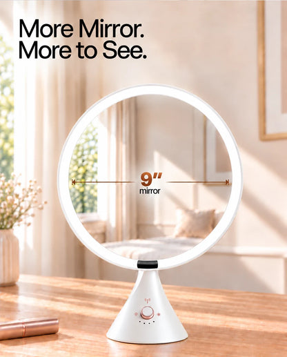 Front view of the FUNTOUCH RM321 white LED vanity mirror showing its 9-inch round mirror.