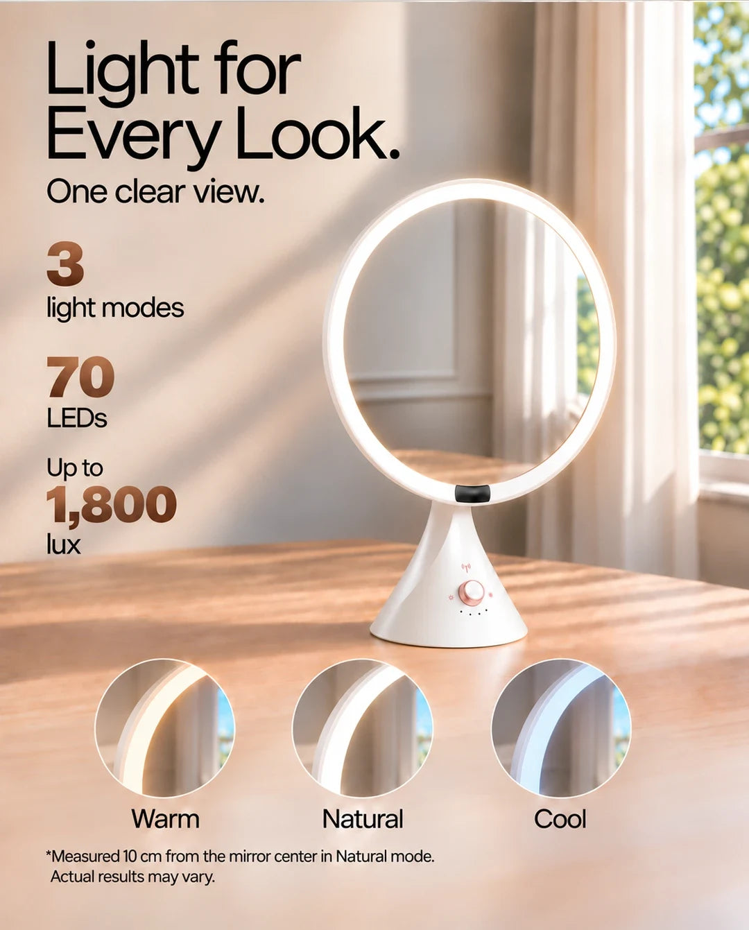 FUNTOUCH RM321 LED makeup mirror showing warm, natural and cool light modes.