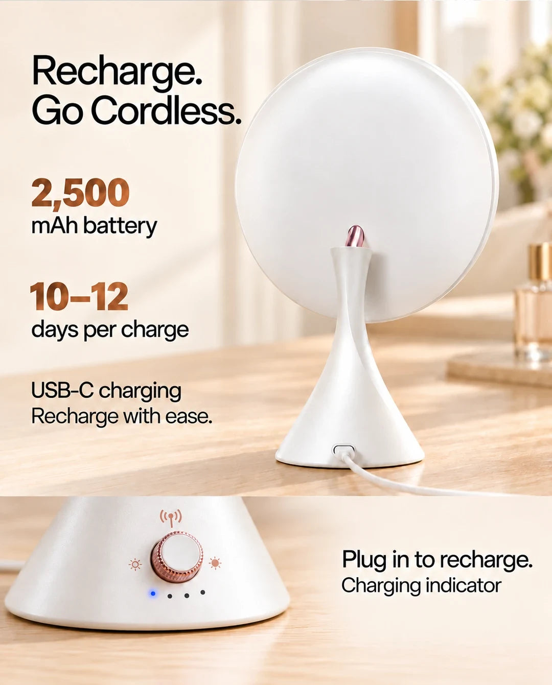 Rear view of the FUNTOUCH RM321 cordless makeup mirror, with USB-C charging and charging indicator details.