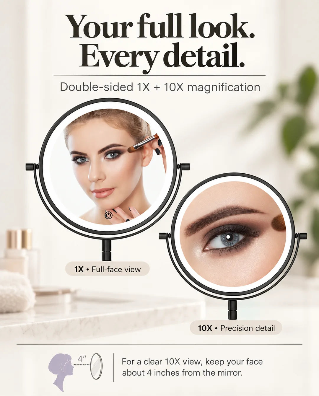 FUNTOUCH RM381 black wall-mounted mirror showing a full-face reflection at 1X and an eye close-up at 10X magnification.