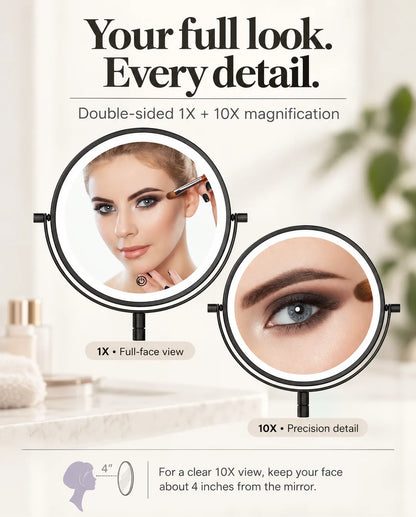 FUNTOUCH RM381 black wall-mounted mirror showing a full-face reflection at 1X and an eye close-up at 10X magnification.