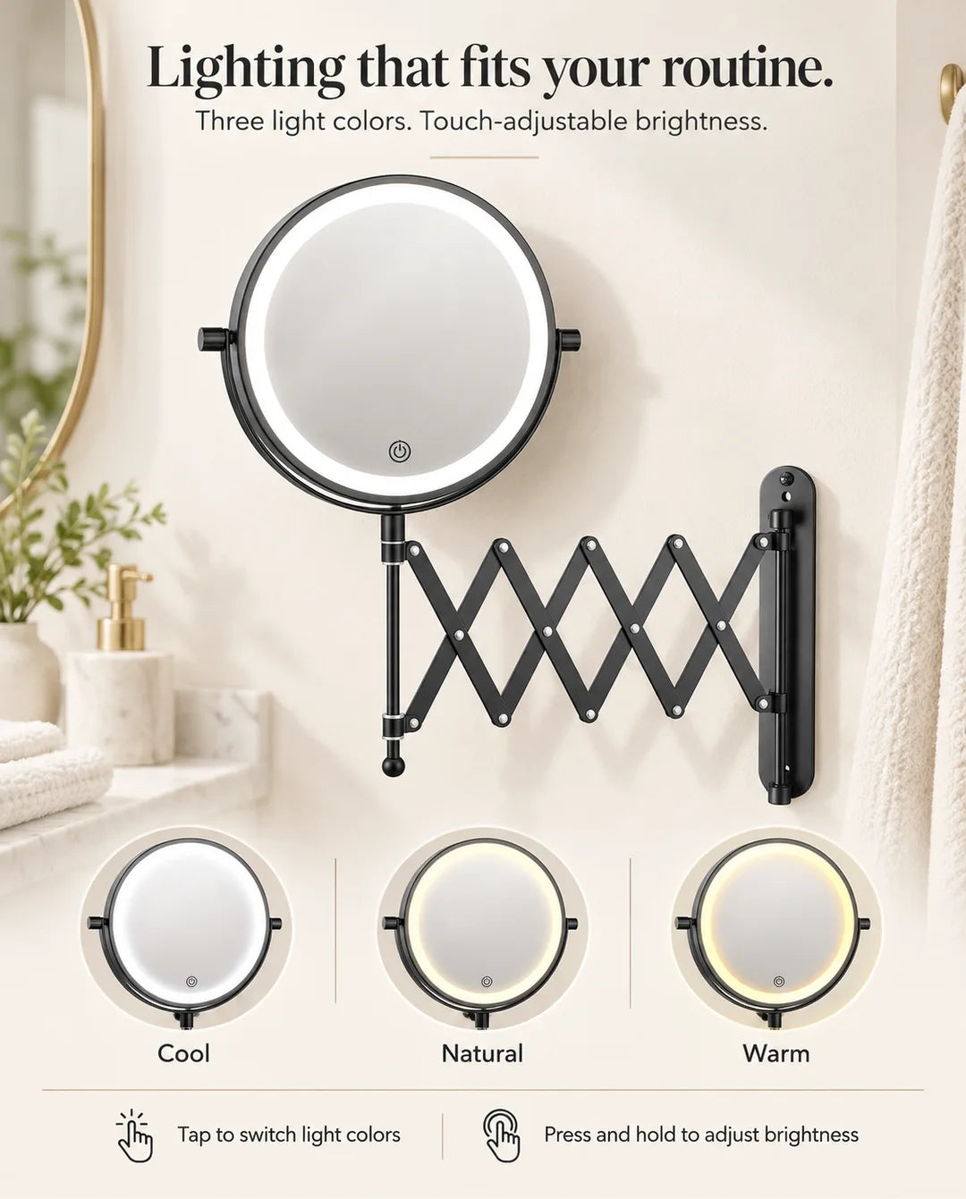 FUNTOUCH RM381 black LED wall mirror with cool, natural and warm lighting options and touch-adjustable brightness.