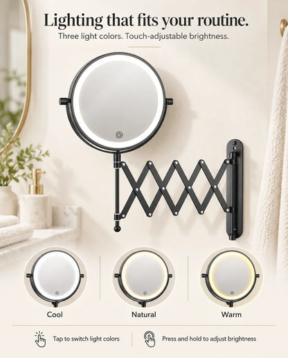 FUNTOUCH RM381 black LED wall mirror with cool, natural and warm lighting options and touch-adjustable brightness.