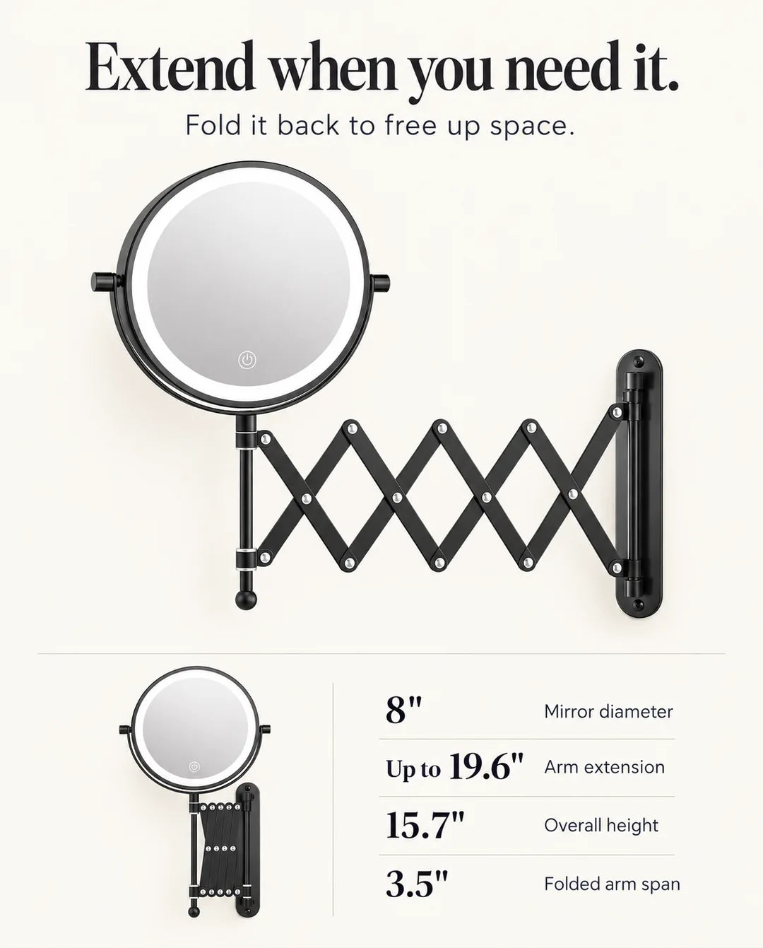 FUNTOUCH RM381 8-inch wall-mounted makeup mirror with its scissor arm extended and folded, alongside product dimensions.