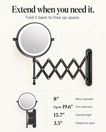 FUNTOUCH RM381 8-inch wall-mounted makeup mirror with its scissor arm extended and folded, alongside product dimensions.