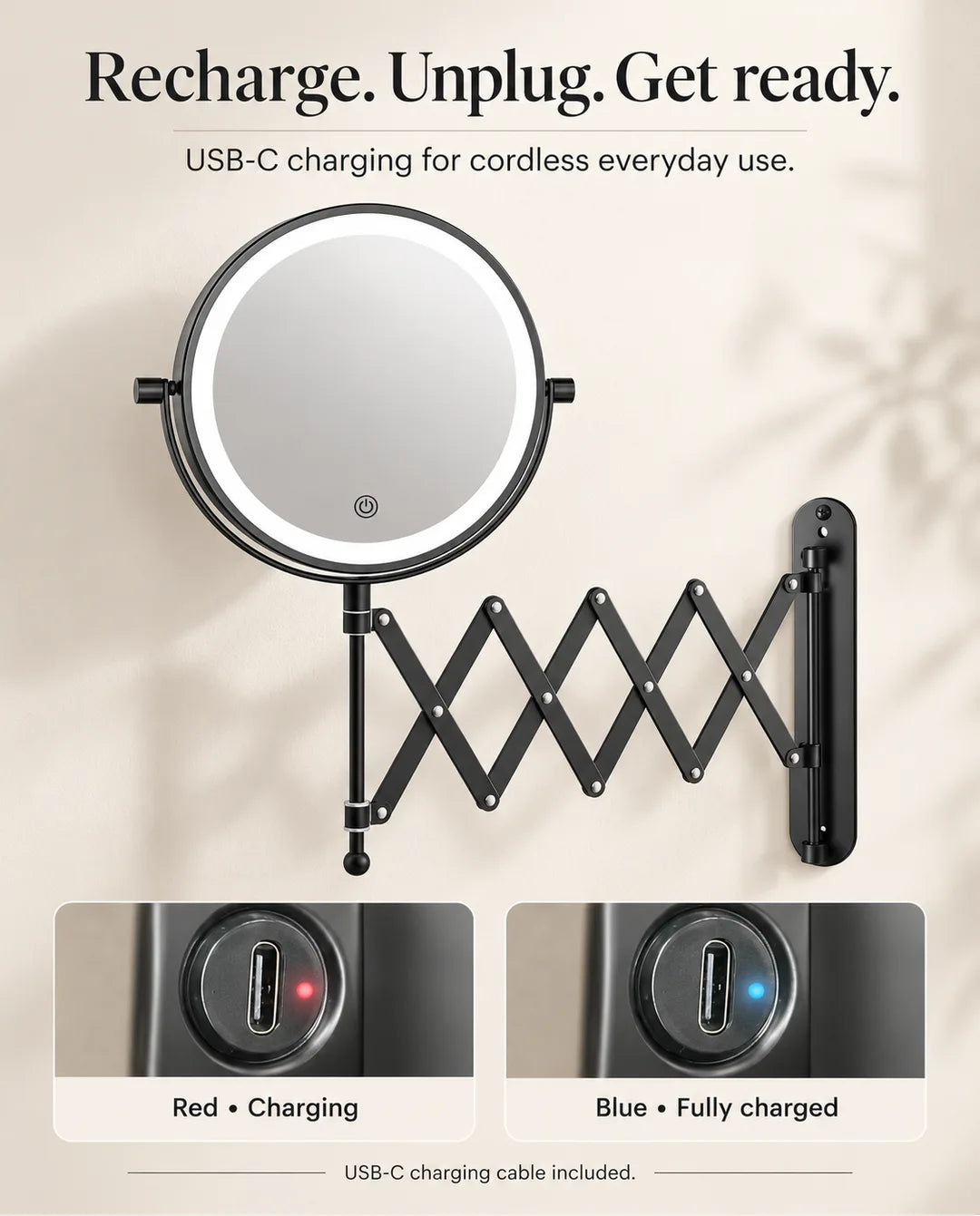 FUNTOUCH RM381 rechargeable wall-mounted mirror with close-ups of the USB-C port and red and blue charging indicators.