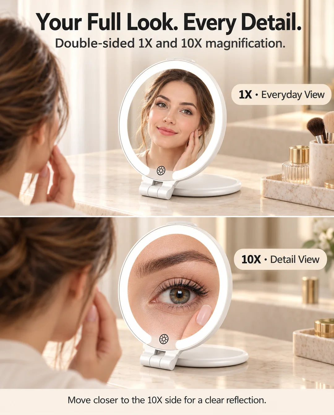 FUNTOUCH RM396 showing a full-face reflection in the 1X mirror and an eye close-up in the 10X mirror.