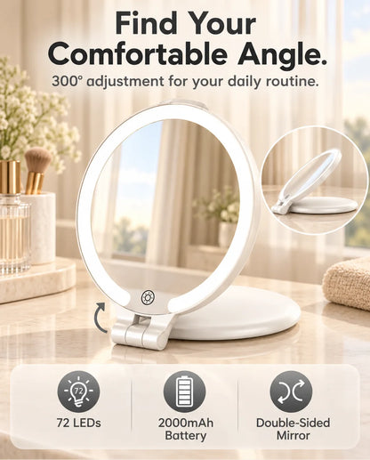 White FUNTOUCH RM396 folding LED makeup mirror showing its 300-degree adjustable hinge and double-sided design.