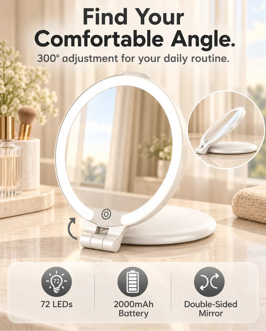 White FUNTOUCH RM396 folding LED makeup mirror showing its 300-degree adjustable hinge and double-sided design.