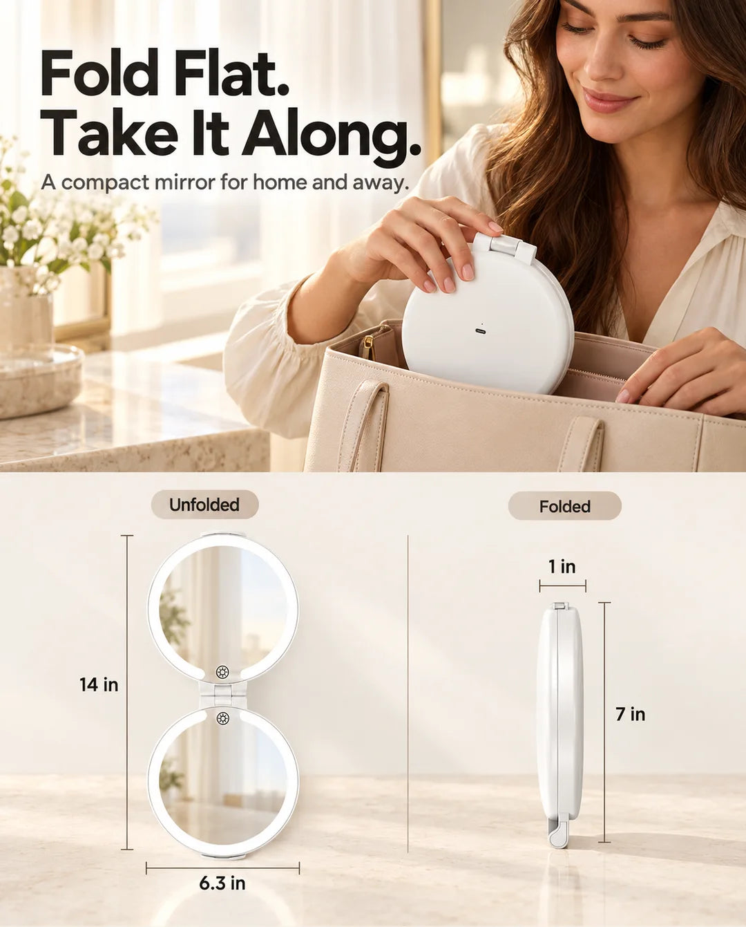Woman packing the folded FUNTOUCH RM396 mirror into a tote, with unfolded and folded dimensions shown below.