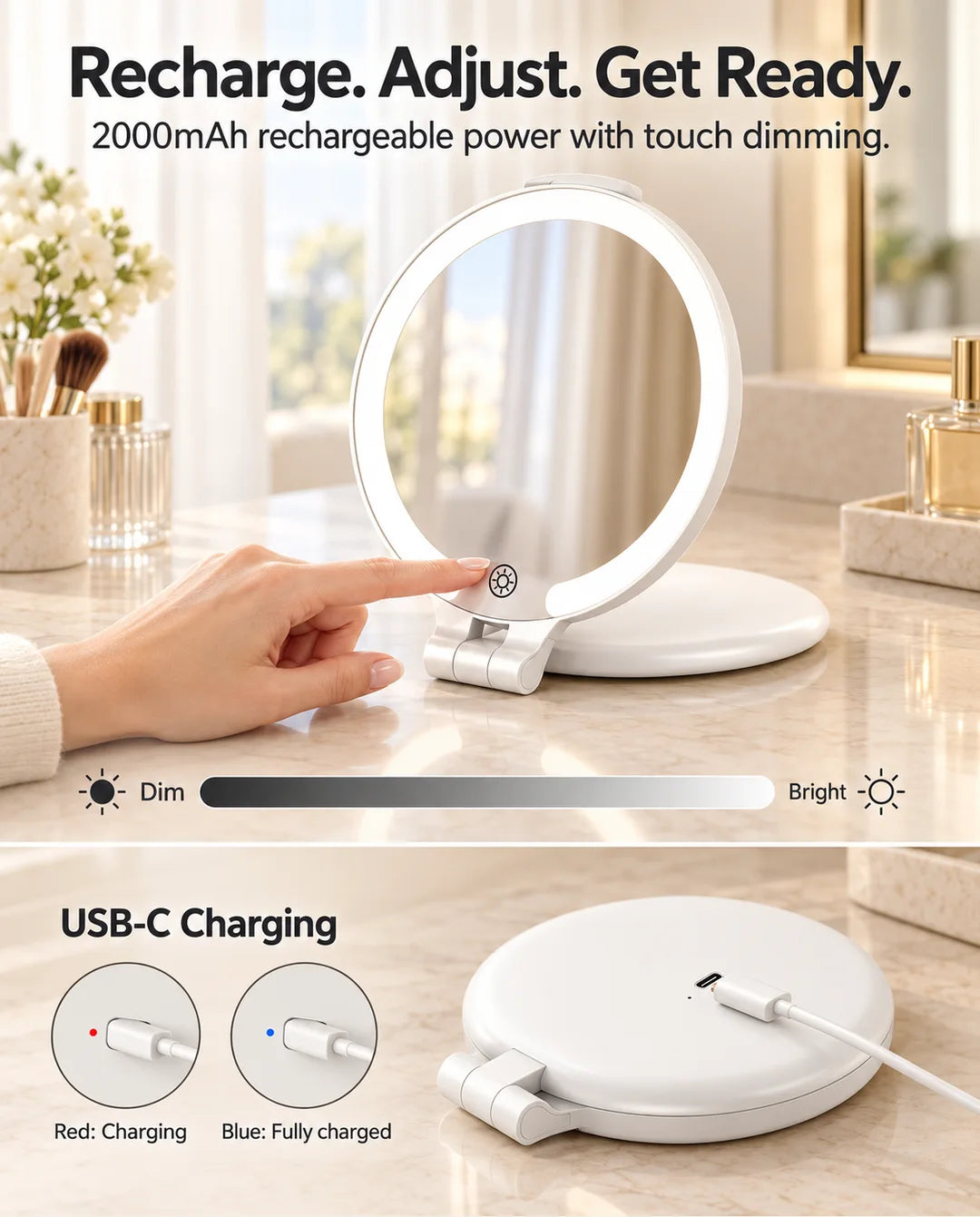 FUNTOUCH RM396 showing touch-controlled dimming, USB-C charging and red and blue charging indicators.