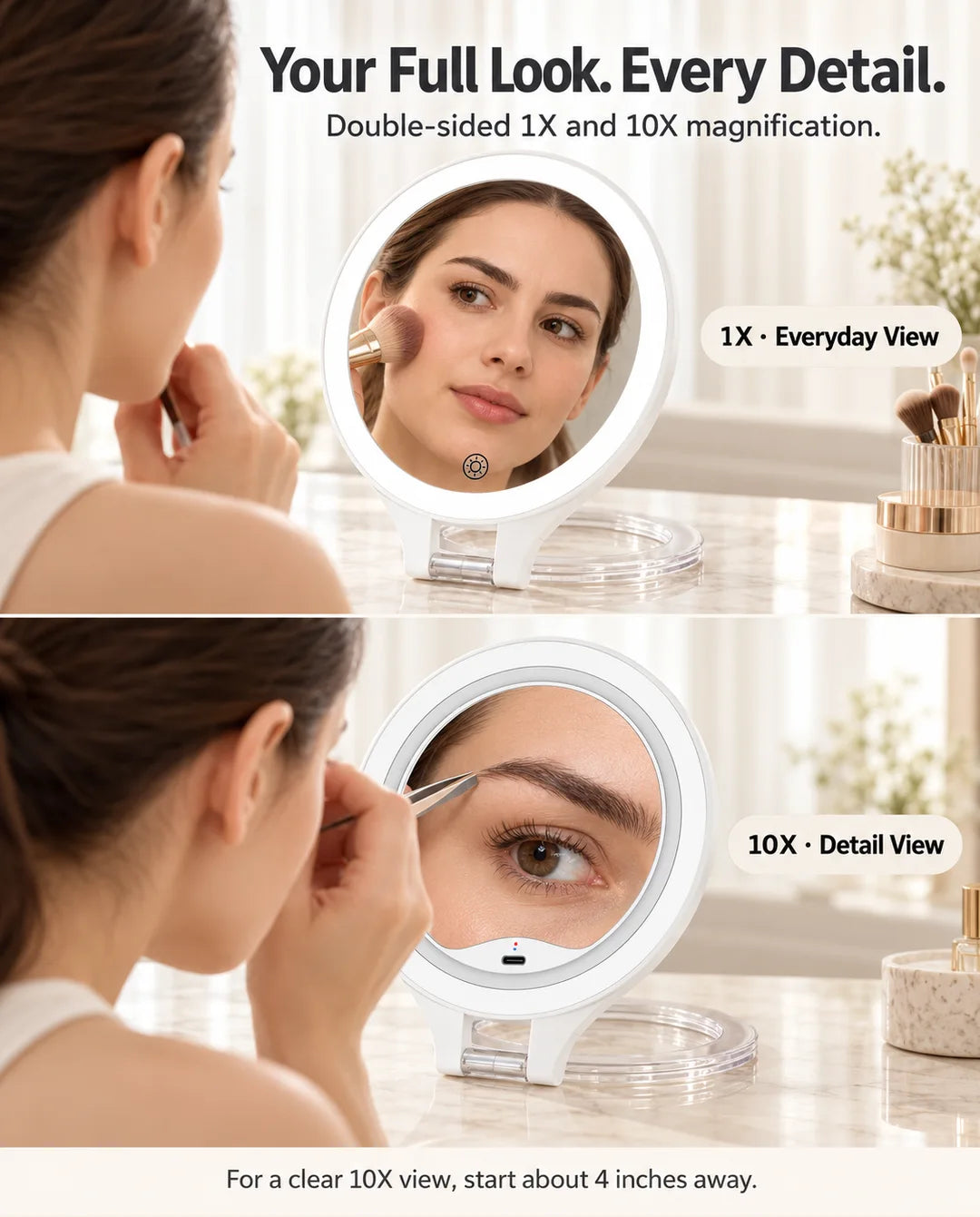 Woman using the FUNTOUCH RM451 double-sided mirror, showing a full-face 1X view and a 10X close-up for eyebrow grooming.
