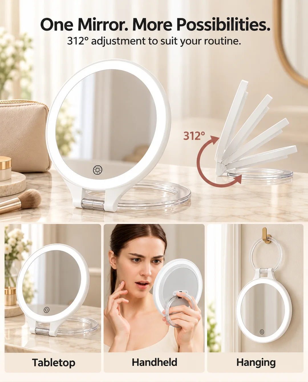 FUNTOUCH RM451 showing 312-degree angle adjustment and tabletop, handheld and hanging use with its clear ring stand.