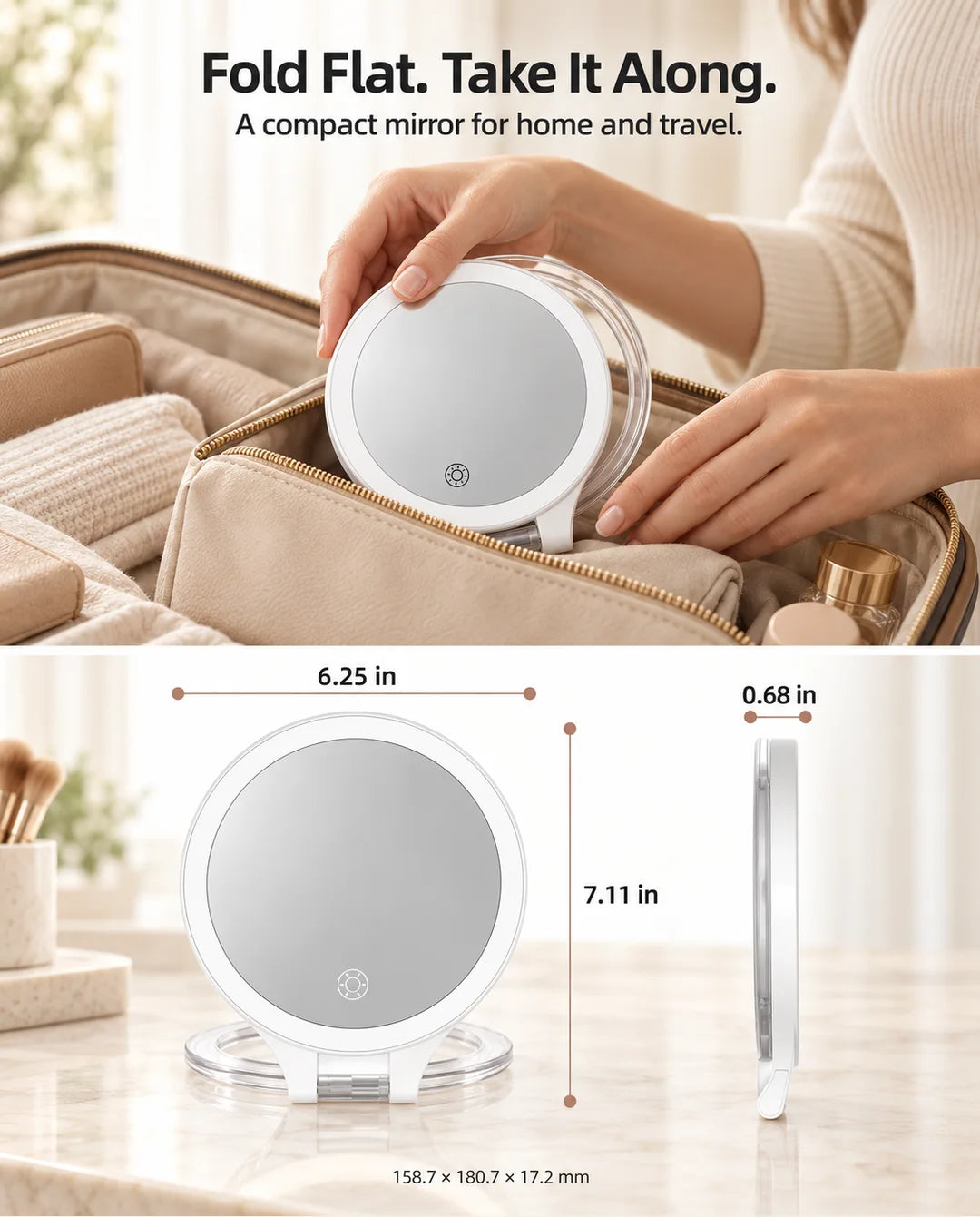 FUNTOUCH RM451 folding mirror being packed for travel, with front and side views showing its dimensions below.