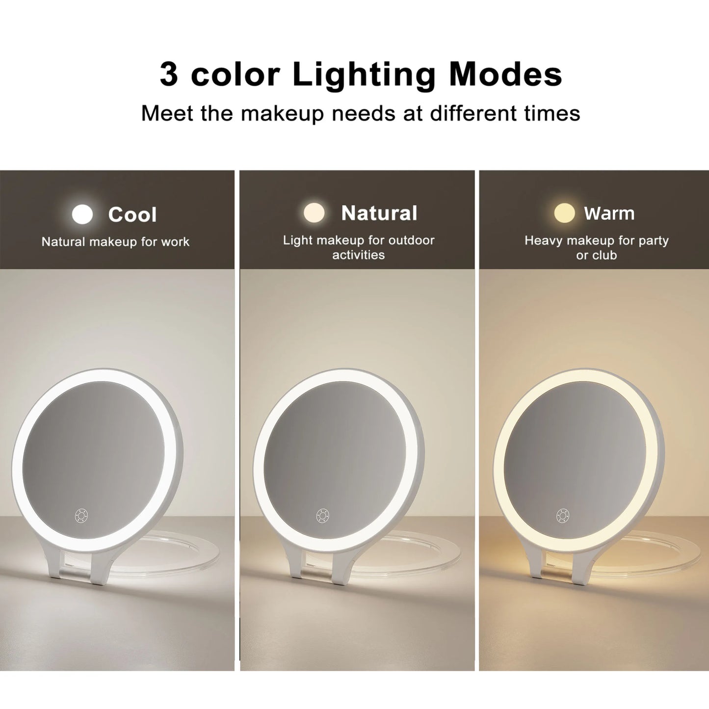 Funtouch RM451 compact mirror with 3 color LED lights (cool, natural, warm), adjustable for different makeup needs.