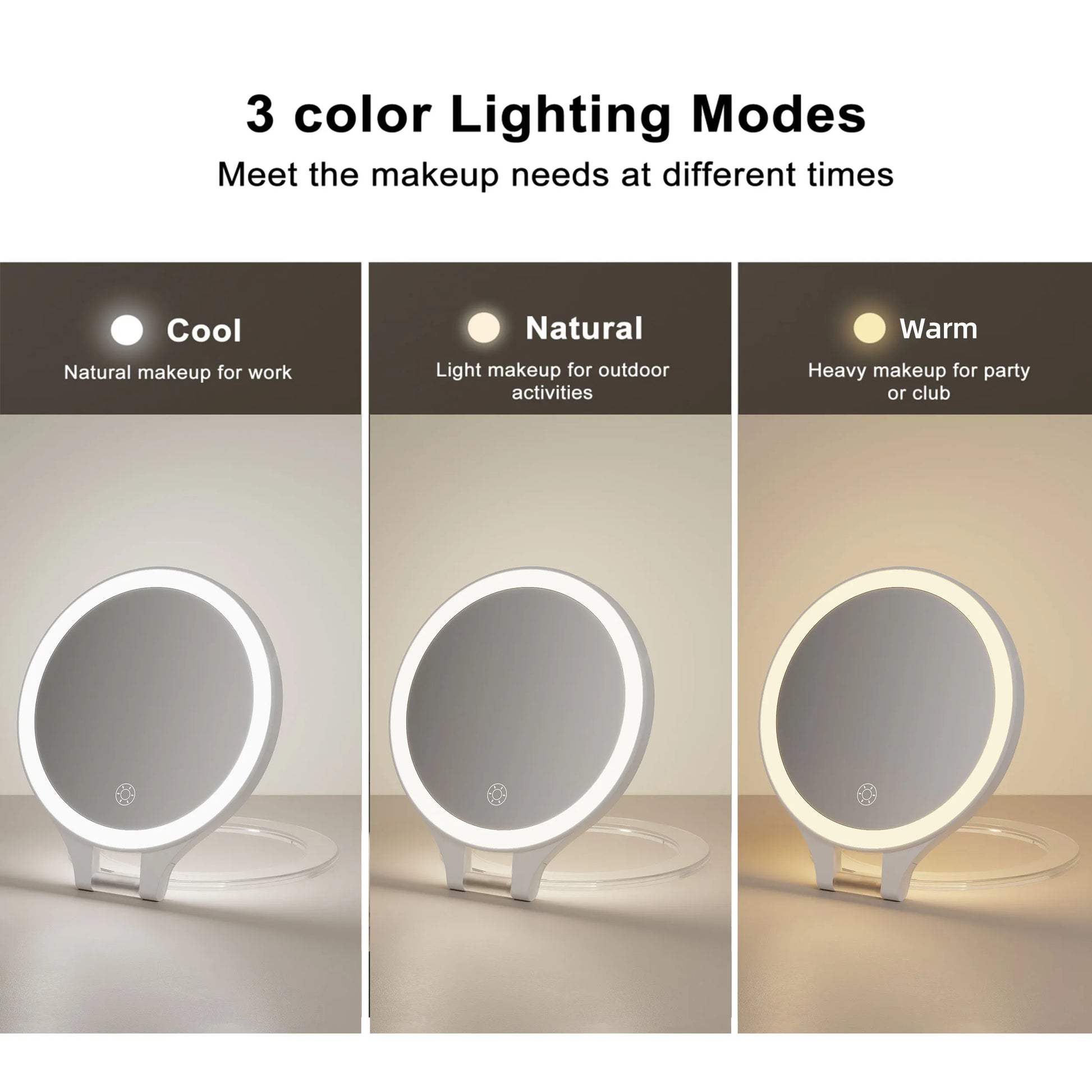 Funtouch RM451 compact mirror with 3 color LED lights (cool, natural, warm), adjustable for different makeup needs.