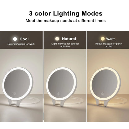 Funtouch RM451 compact mirror with 3 color LED lights (cool, natural, warm), adjustable for different makeup needs.
