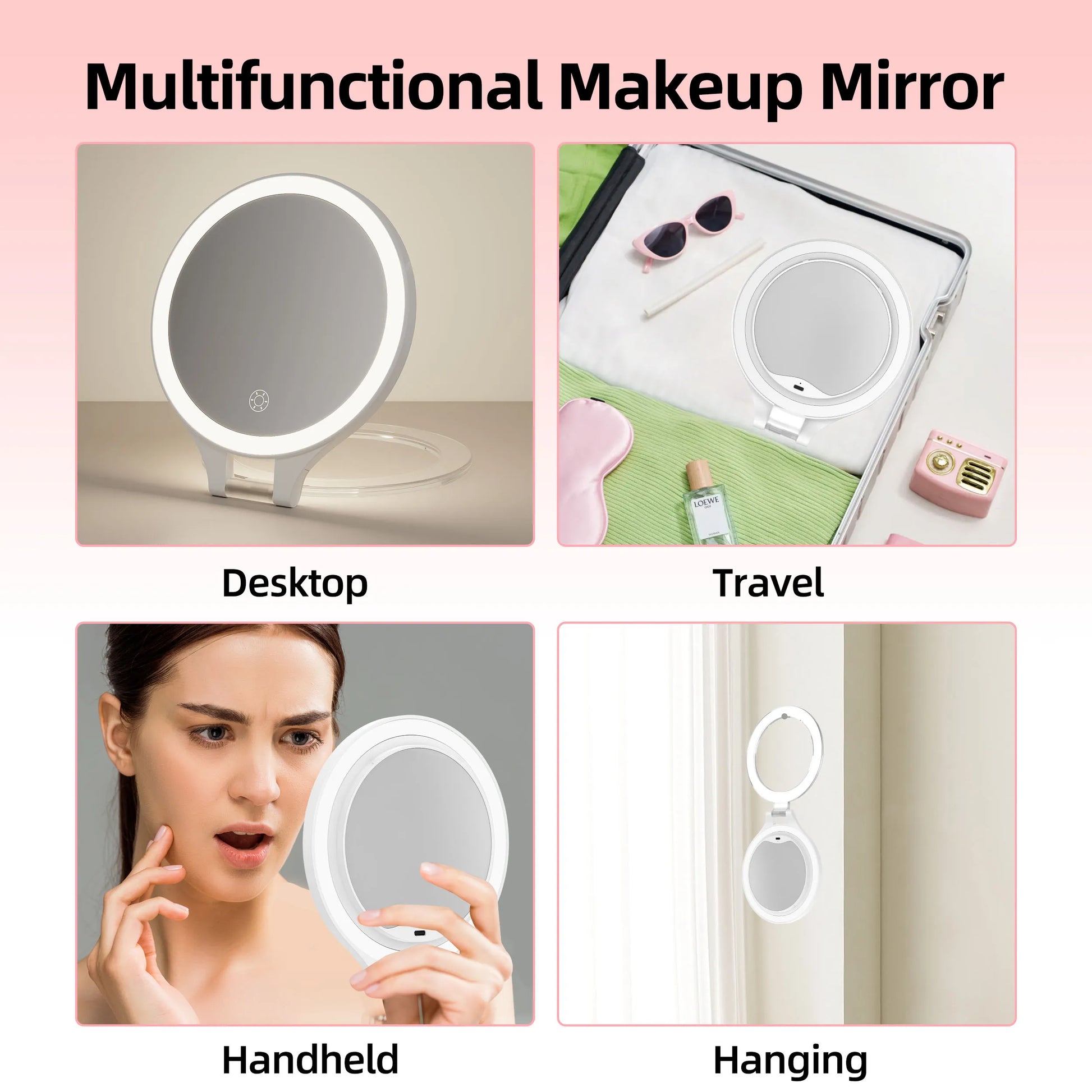 Funtouch RM451 compact mirror used as desktop, travel, handheld, and hanging mirror for different occasions.