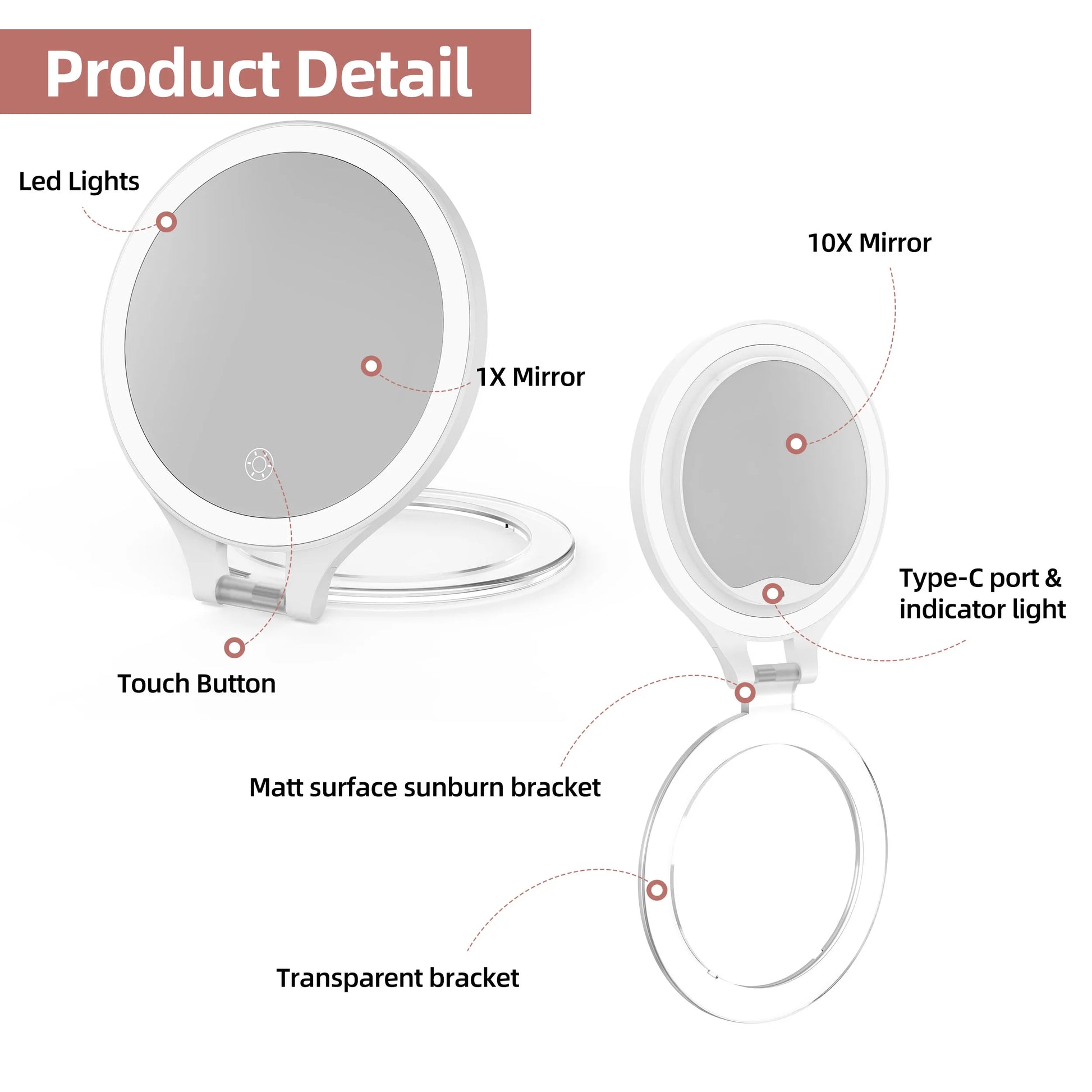 Funtouch RM451 makeup mirror details: LED lights, touch button, Type-C port, and transparent bracket.