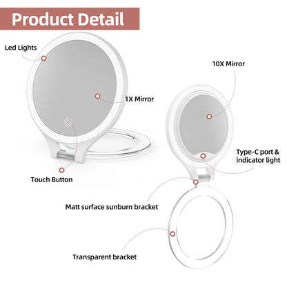 Funtouch RM451 makeup mirror details: LED lights, touch button, Type-C port, and transparent bracket.