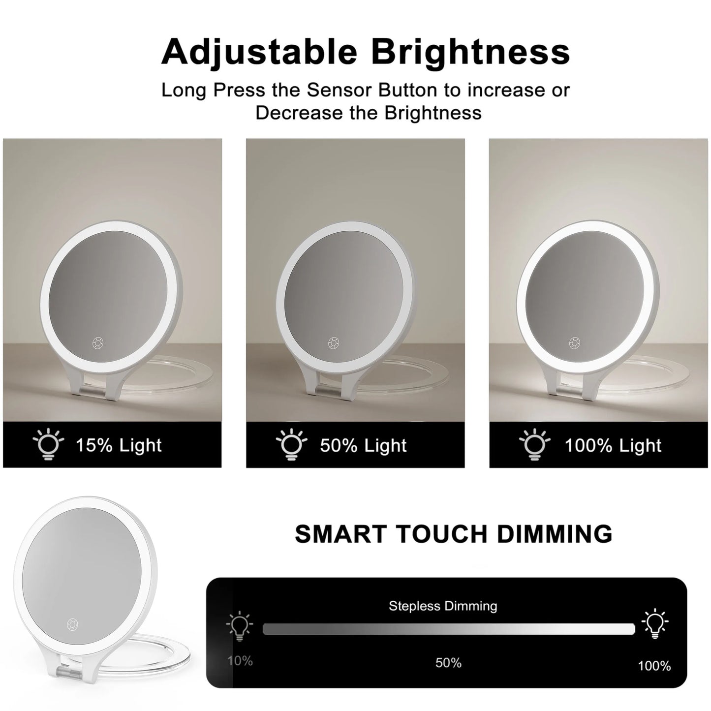 Funtouch RM451 travel mirror with smart touch dimming, adjustable brightness from 15% to 100% for any lighting environment.