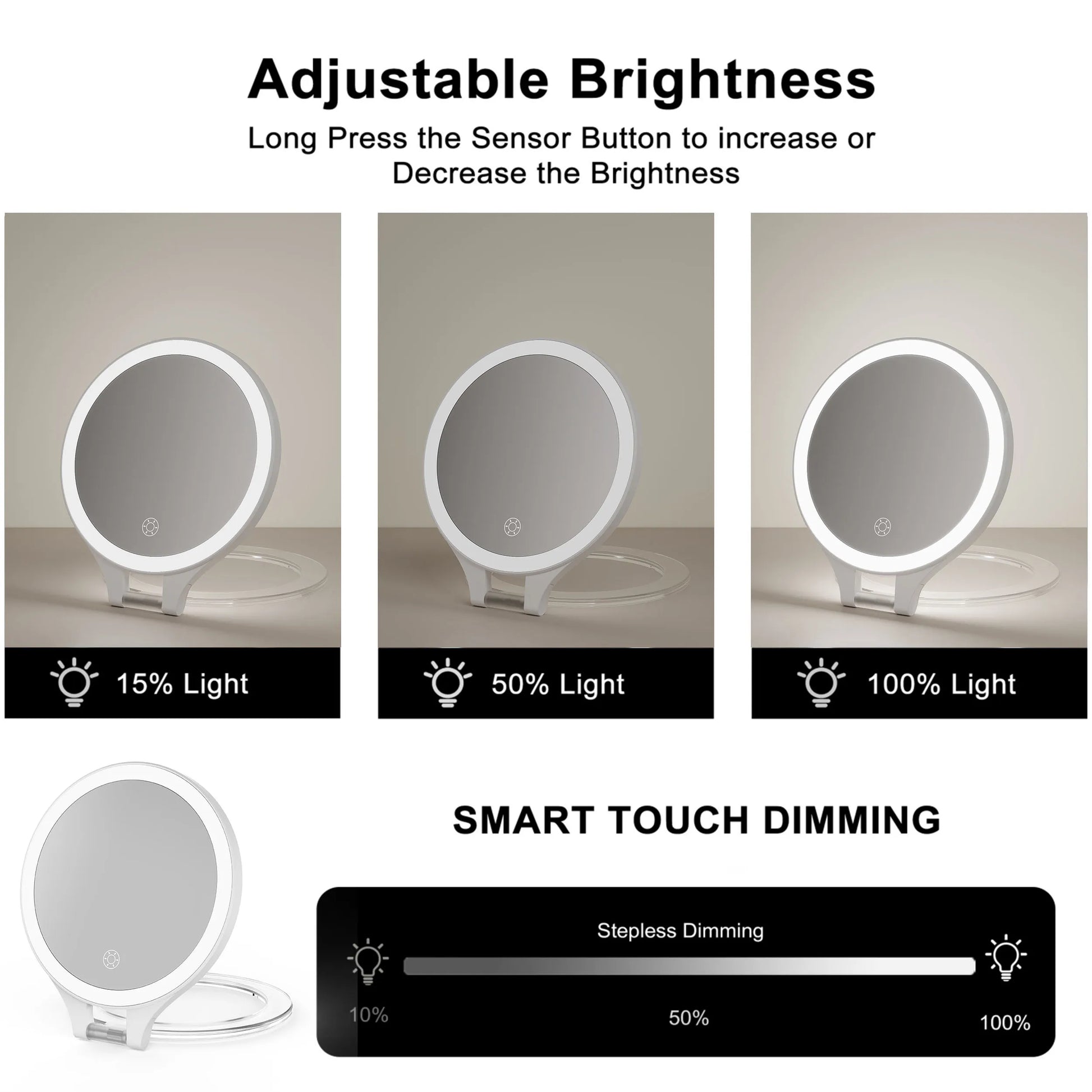 Funtouch RM451 travel mirror with smart touch dimming, adjustable brightness from 15% to 100% for any lighting environment.