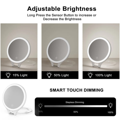 Funtouch RM451 travel mirror with smart touch dimming, adjustable brightness from 15% to 100% for any lighting environment.